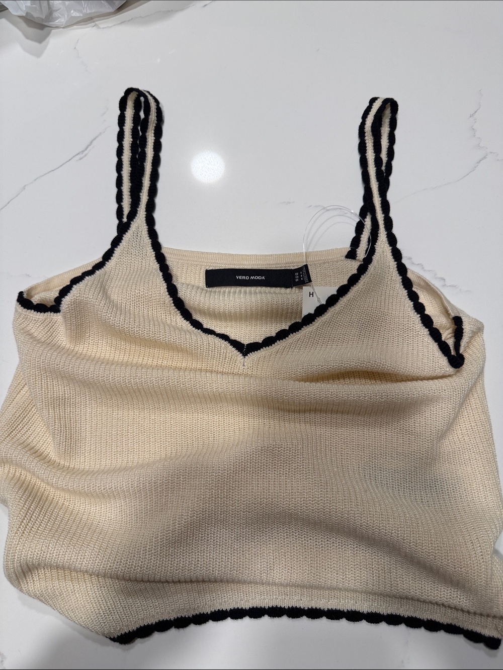 Nordstrom Cream Knit Tank with Black Scalloped Trim